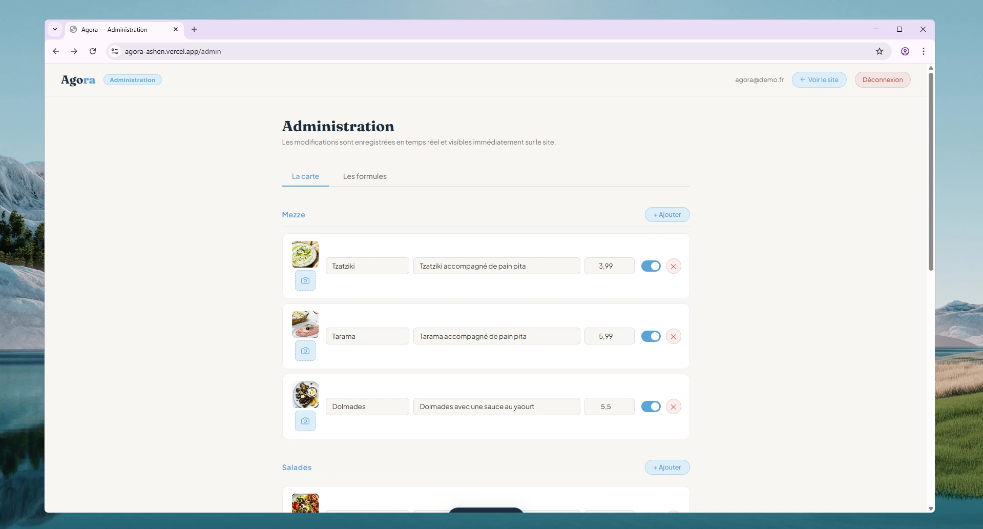 Gestion de la carte des plats dans le back-office Agora