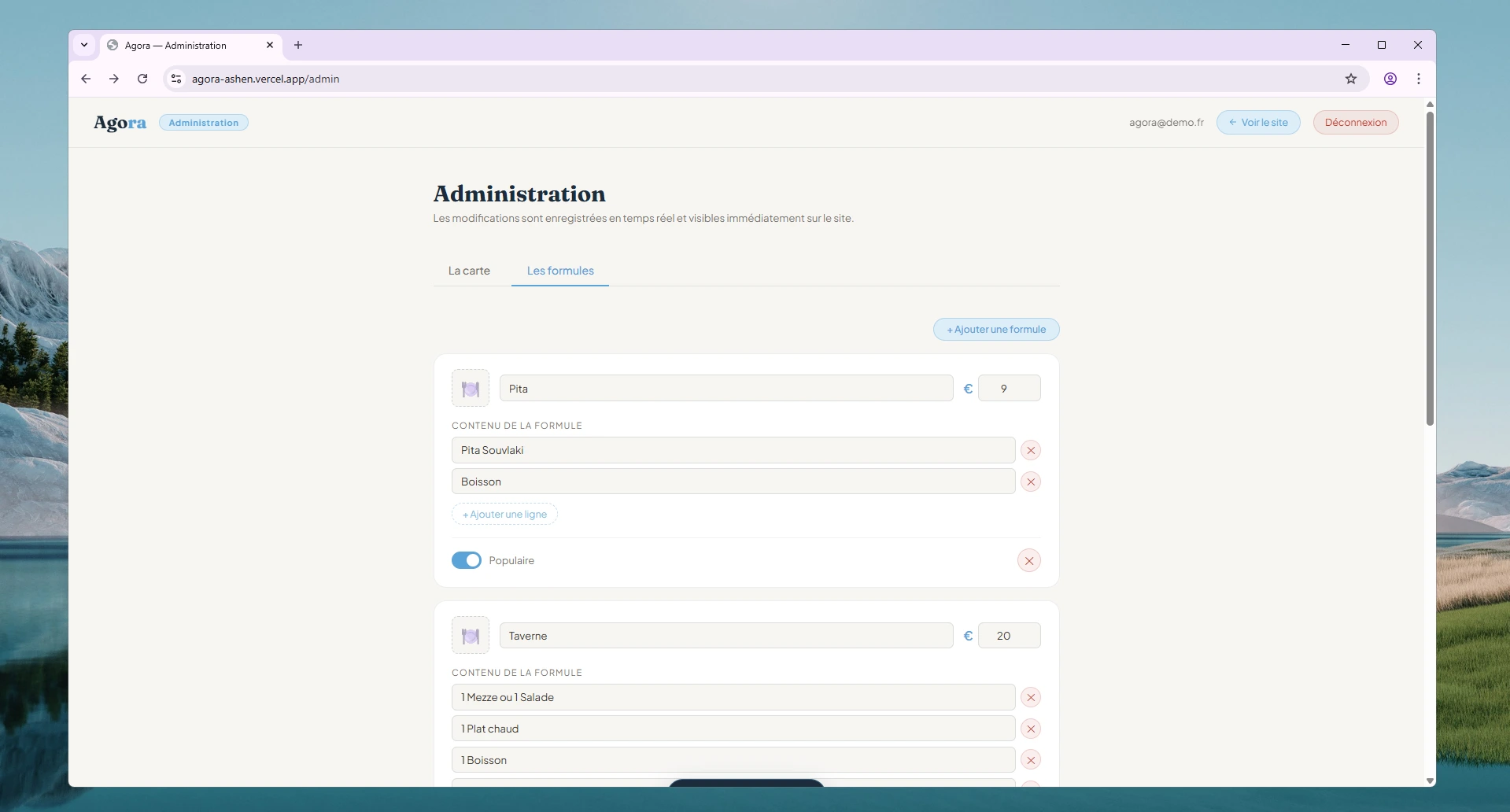 Gestion des formules dans le back-office Agora
