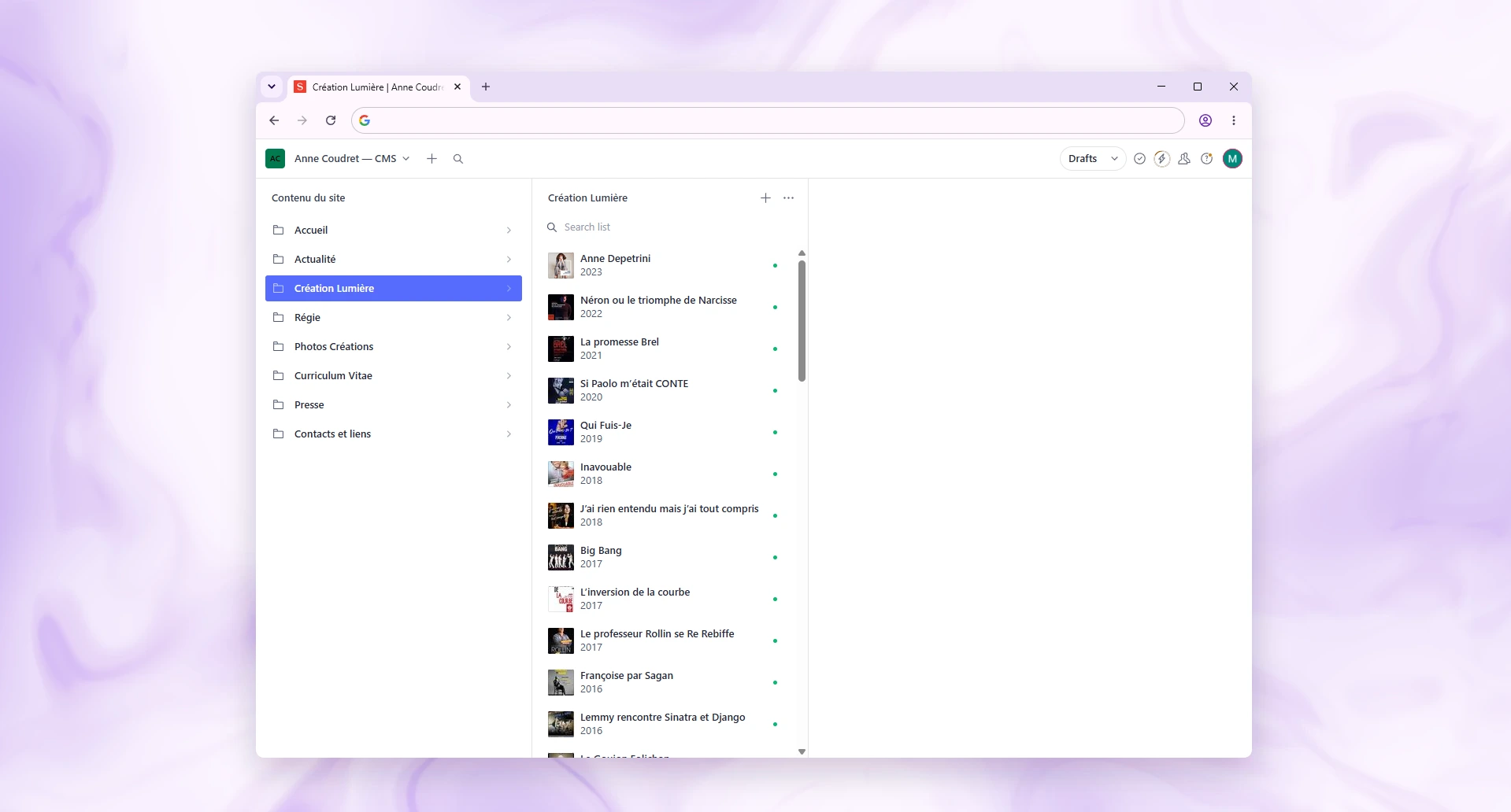 Interface Sanity de gestion du contenu Anne Coudret