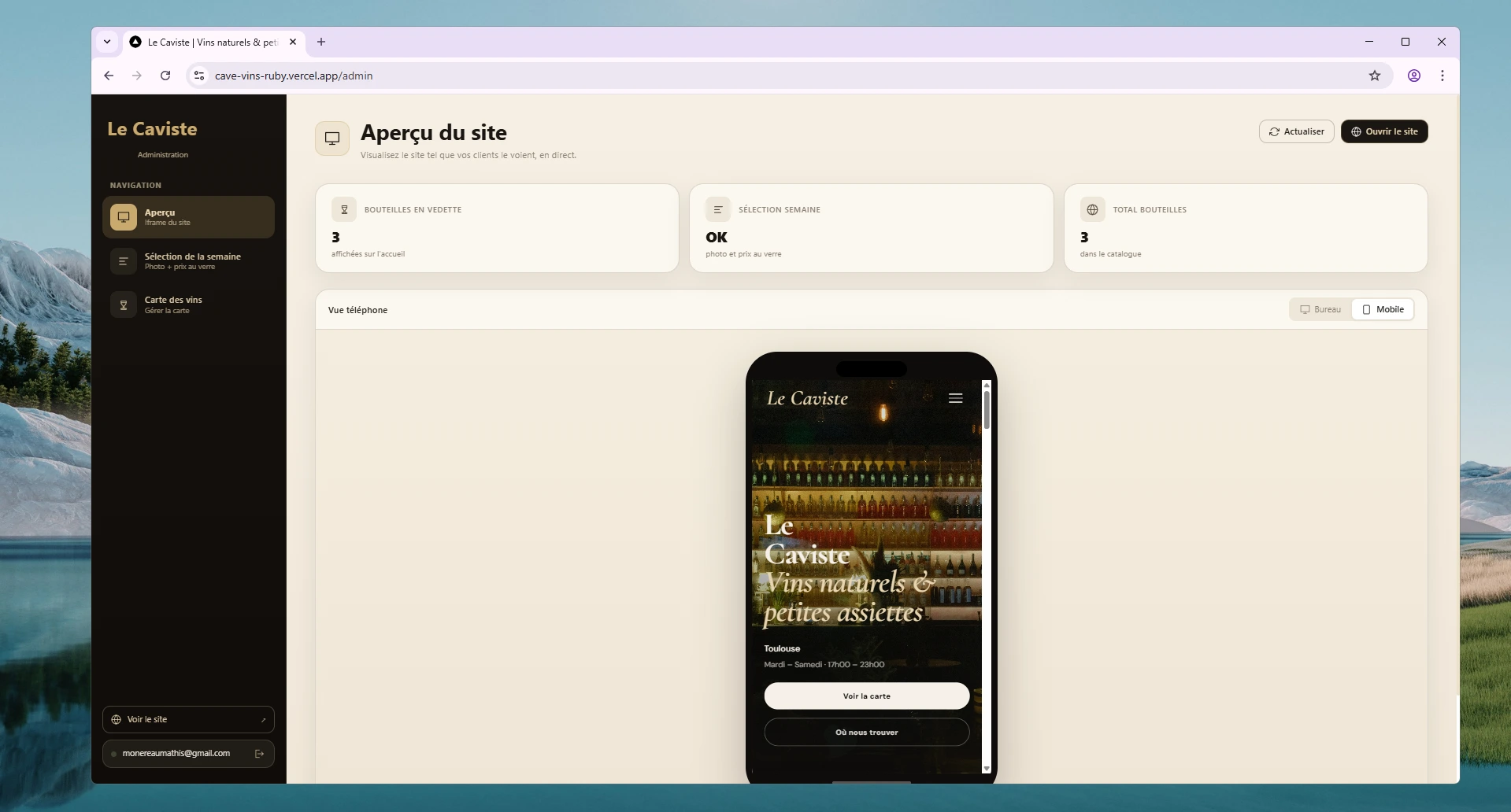 Aperçu général du back-office Le Caviste