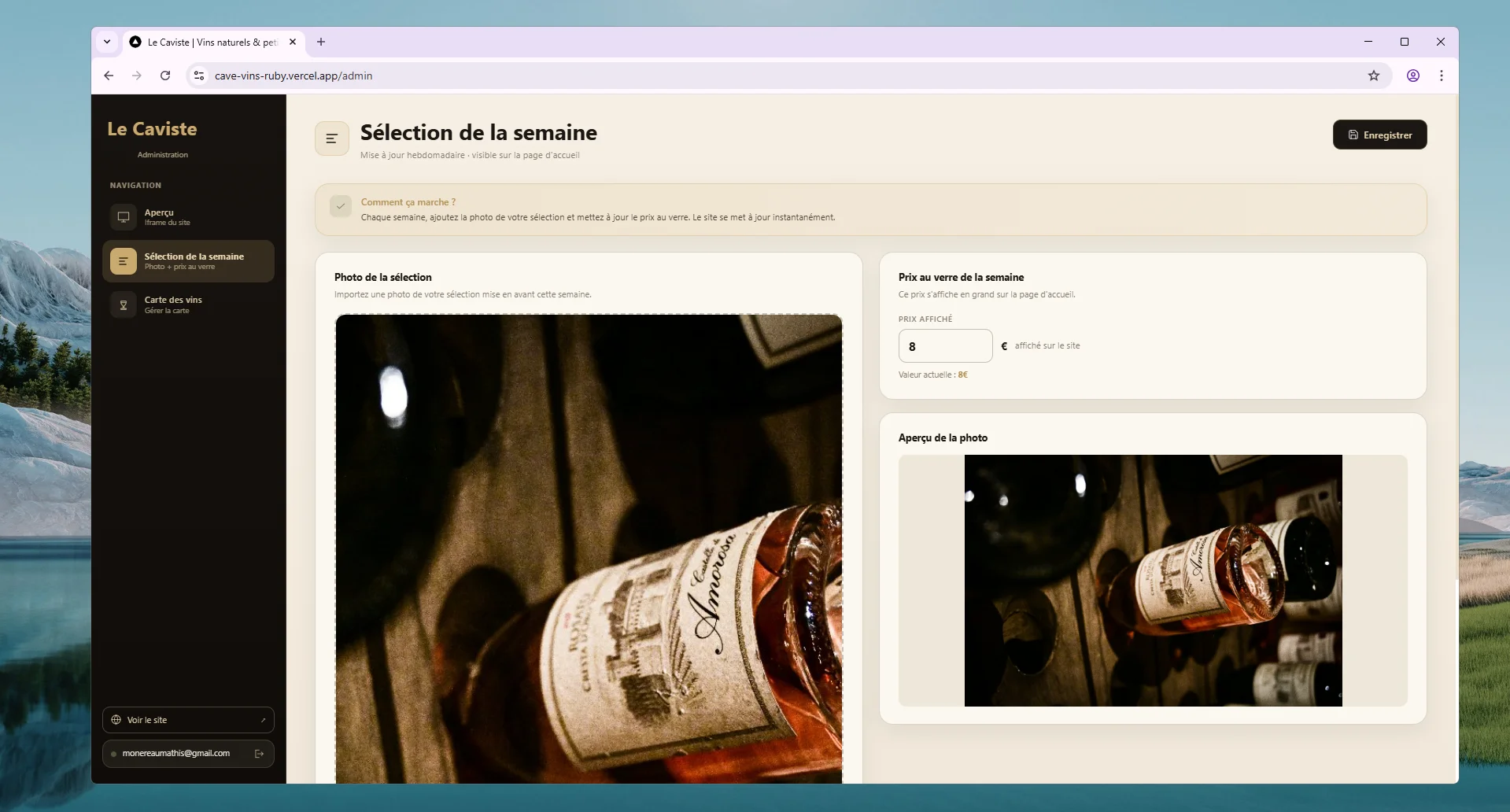 Gestion de la sélection de la semaine dans le back-office Le Caviste