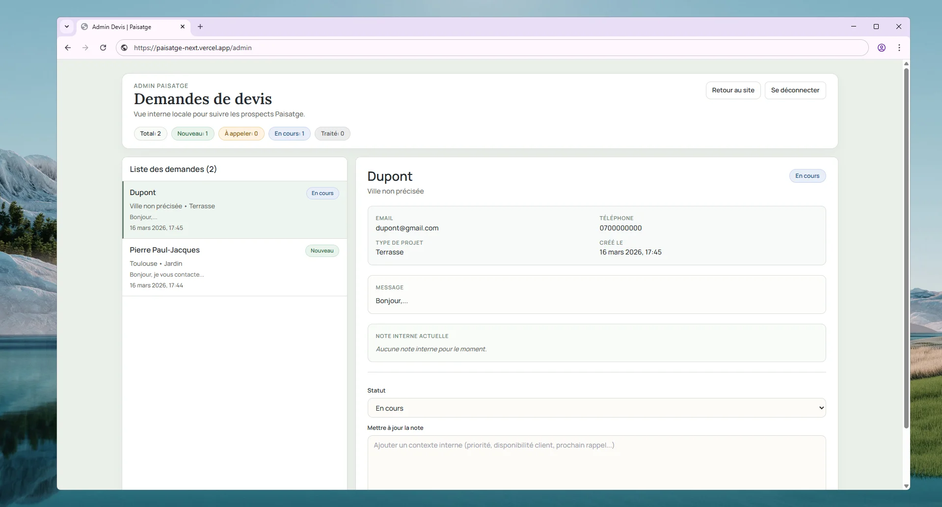 Tableau de bord de l'espace de gestion Paisatge