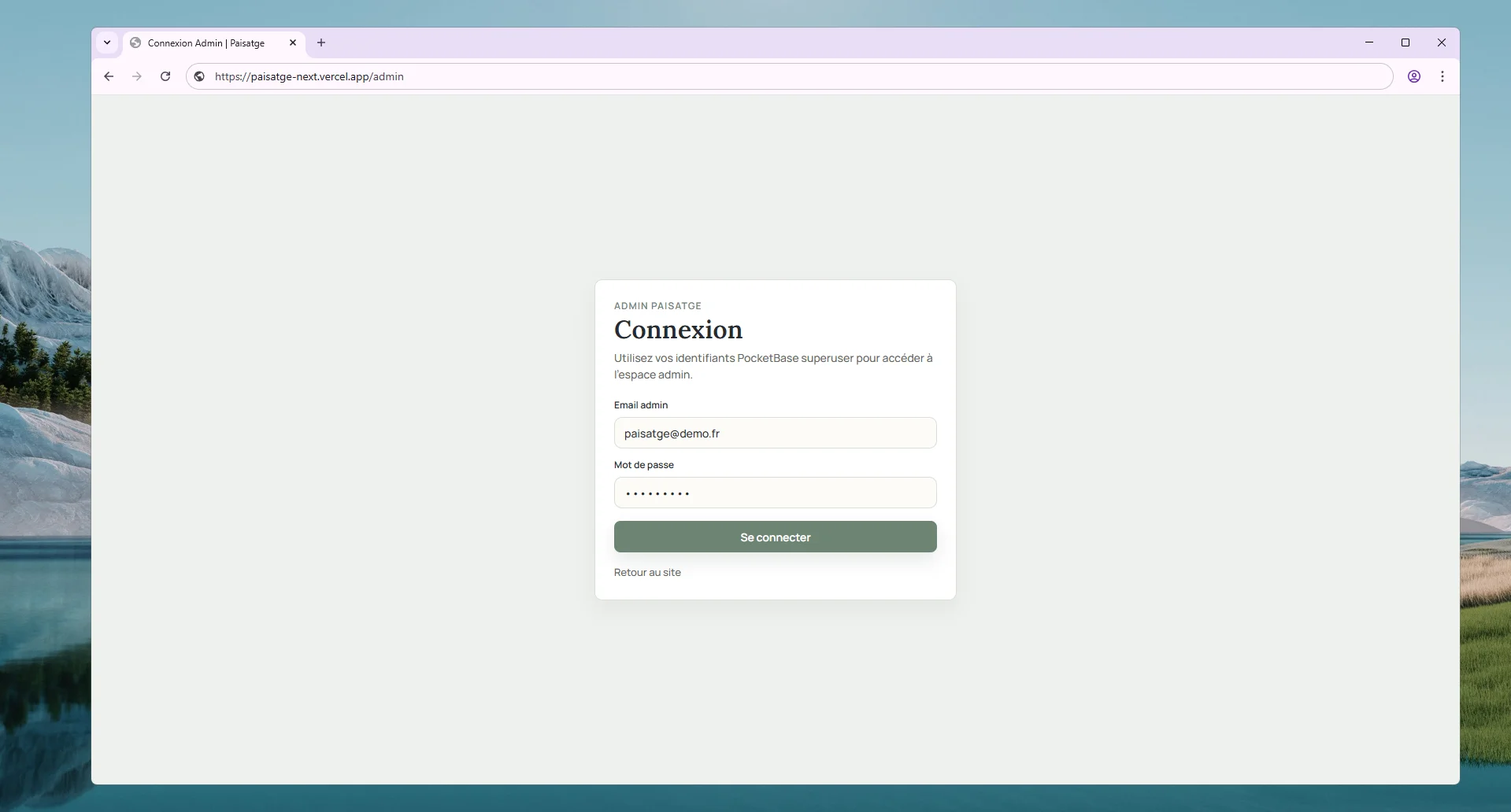 Page de connexion de l'espace de gestion Paisatge